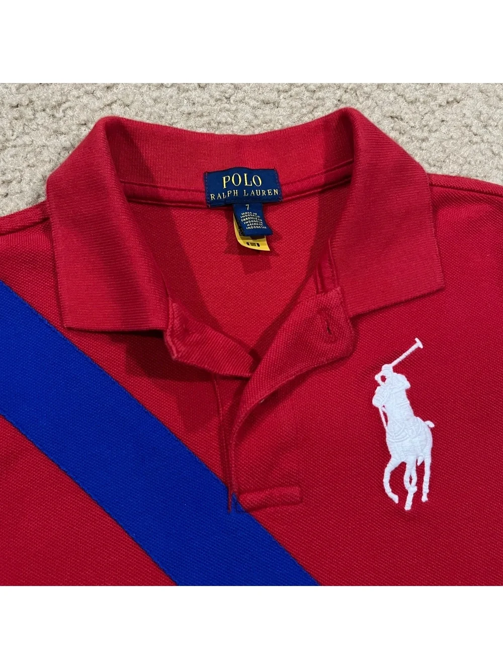 Polo Ralph Lauren Boys Big Pony Stripe Sash Polo Shirt Red Blue Size 7